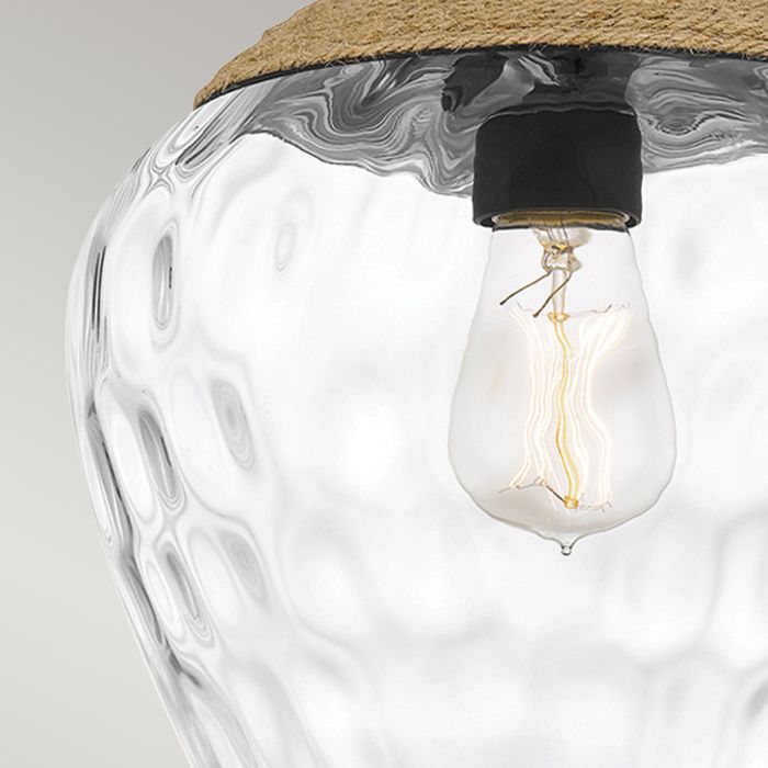 Royer 1 lt Pendant - Matte Black with natural rope detail and clear mottled blown glass shade