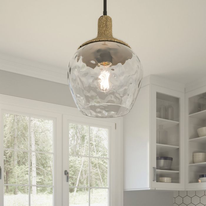 Royer 1 lt Pendant - Matte Black with natural rope detail and clear mottled blown glass shade