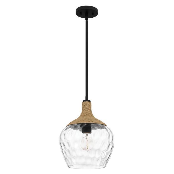Royer 1 lt Pendant - Matte Black with natural rope detail and clear mottled blown glass shade