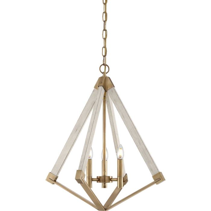 View Point 3 Light Chandelier - Whitewash Wood Effect and Weathered Brass