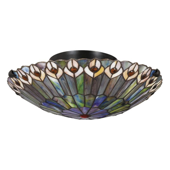 Watkins 2 lt Tiffany style Flush - Valiant Bronze & Art Glass Shade