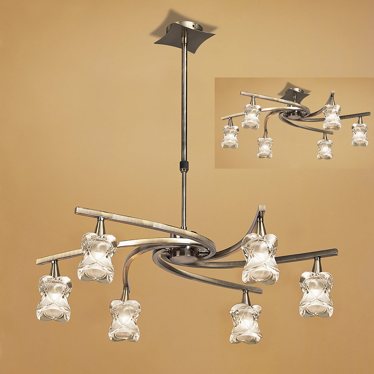 Rosa Del Desierto Telescopic Pendant Convertible To Semi Flush 6 Light G9, Antique Brass by Mantra