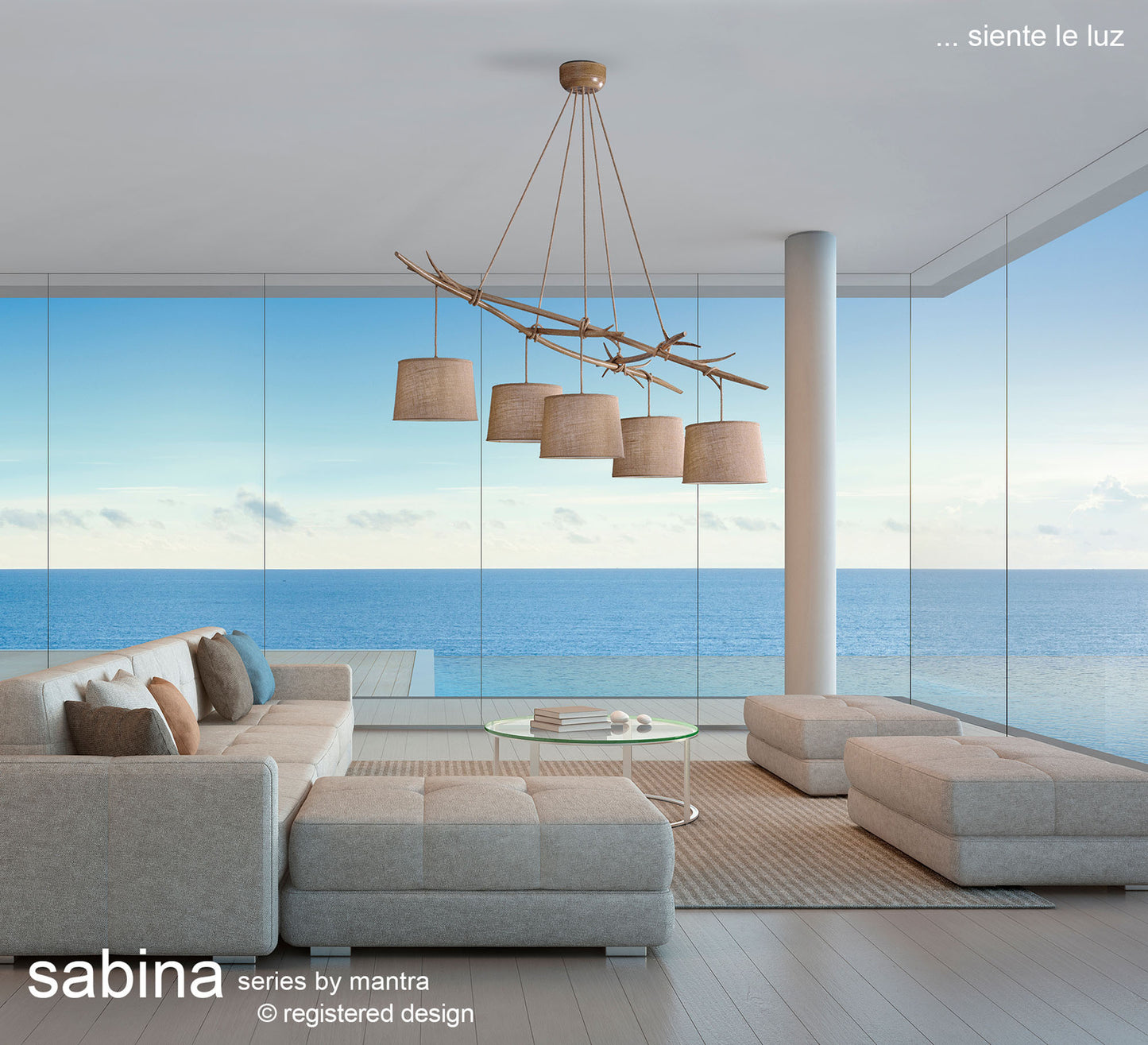 Sabina Pendant 5 x E27 (Max 40W), Imitation Wood, Linen Shade by Mantra