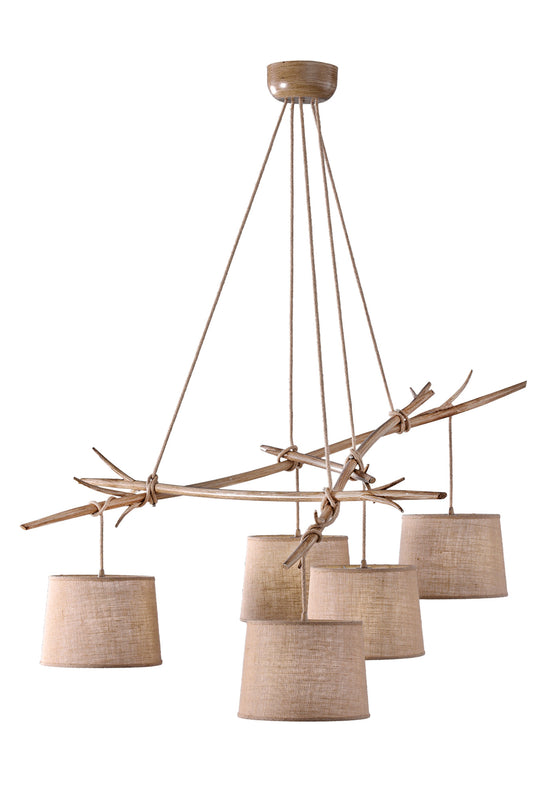 Sabina Pendant 5 x E27 (Max 40W), Imitation Wood, Linen Shade by Mantra