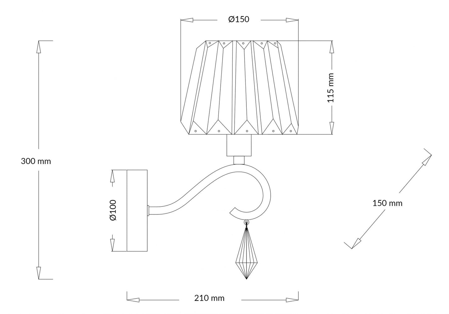 Senza 1 Light Polished Chrome Wall Light with Crystal Shade