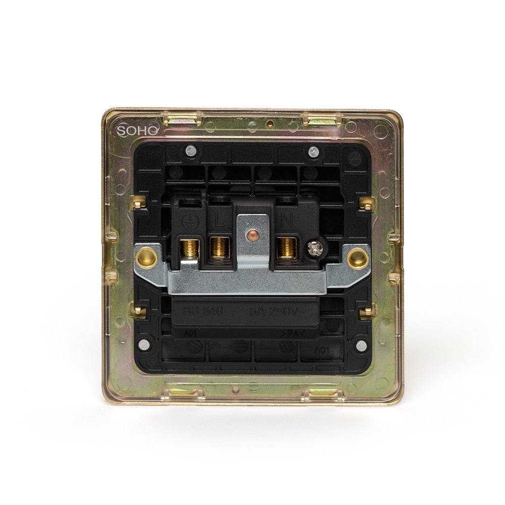 The Savoy Collection Brushed Brass 5 Amp Socket Black Ins Unswitched Screwless