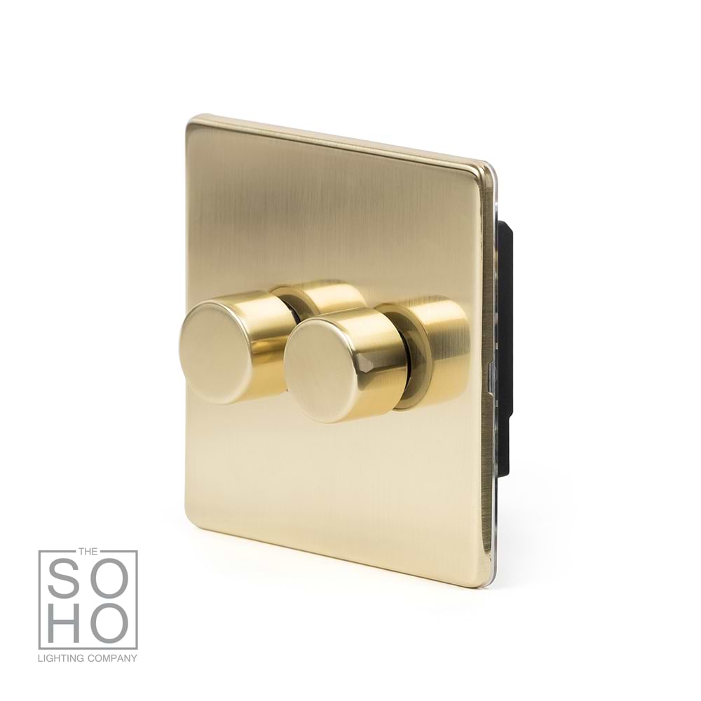 The Savoy Collection Brushed Brass 2 Gang 2 -Way Intelligent Dimmer 150W LED (300W Halogen/Incandescent)