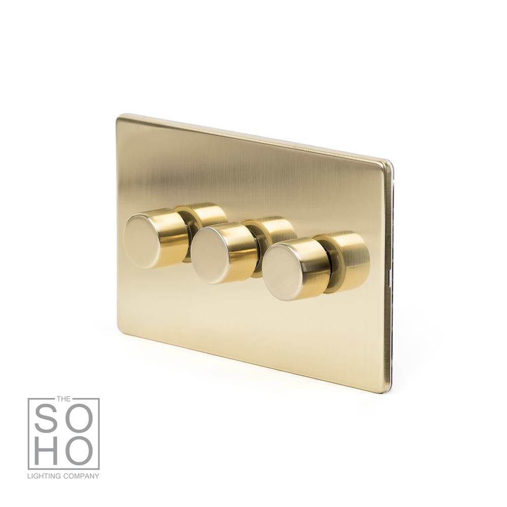 The Savoy Collection Brushed Brass 3 Gang 2 -Way Intelligent Dimmer 150W LED (300w Halogen/Incandescent)
