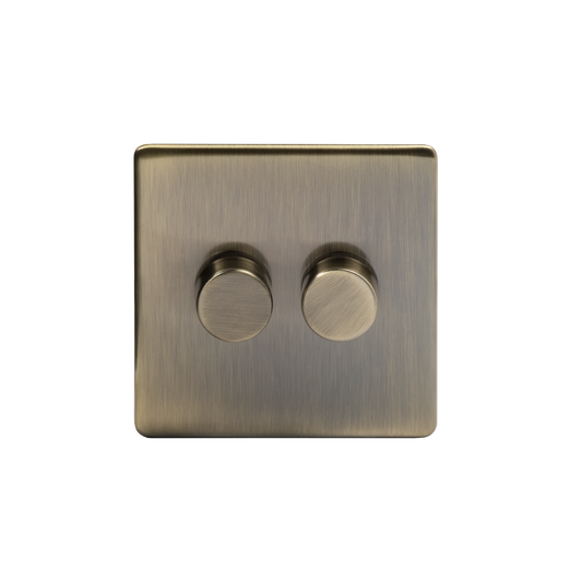 The Charterhouse Collection 2 Gang 250W LED Multi-Way Dimmer Switch Antique Brass