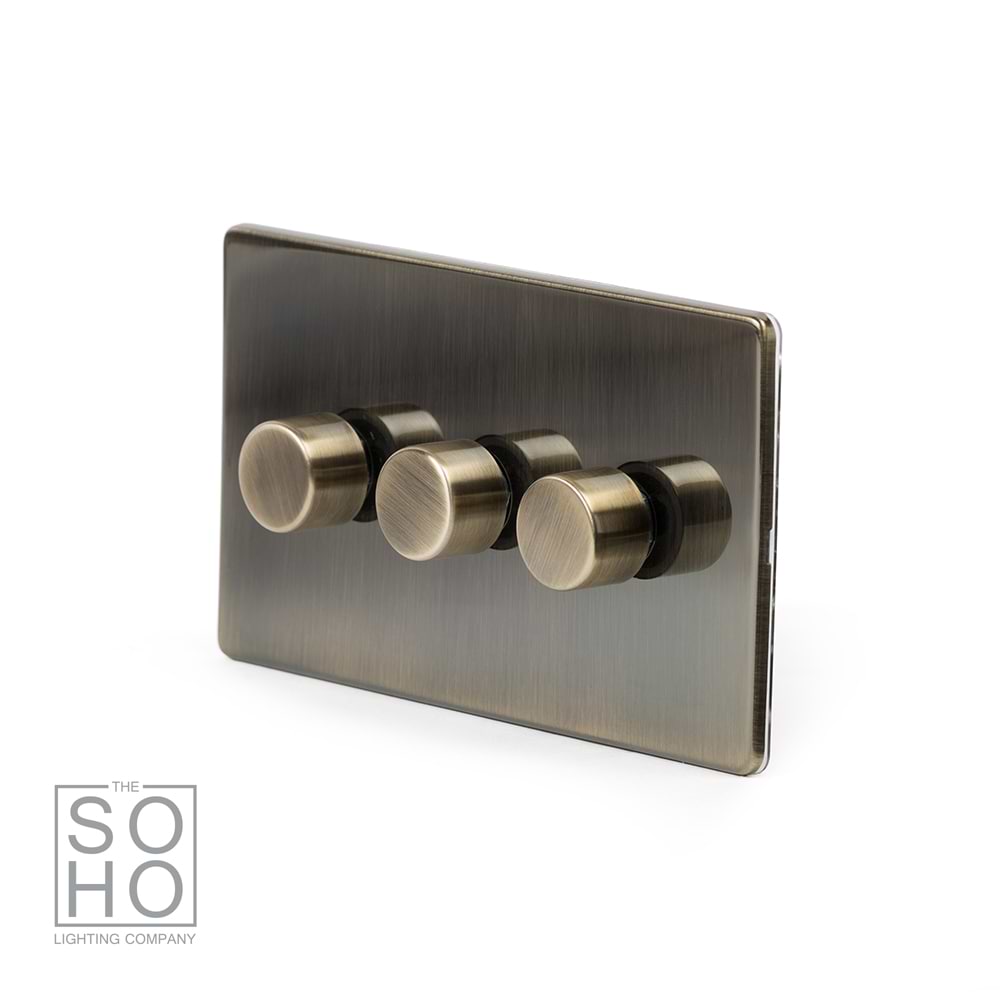 The Charterhouse Collection 3 Gang 2 -Way Intelligent Dimmer 150W LED (300w Halogen/Incandescent) Antique Brass