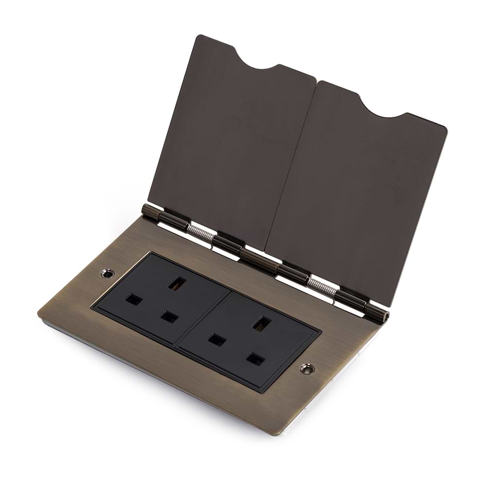 The Charterhouse Collection 13A 2 Gang Euromod Floor Socket Blk Ins  Antique Brass