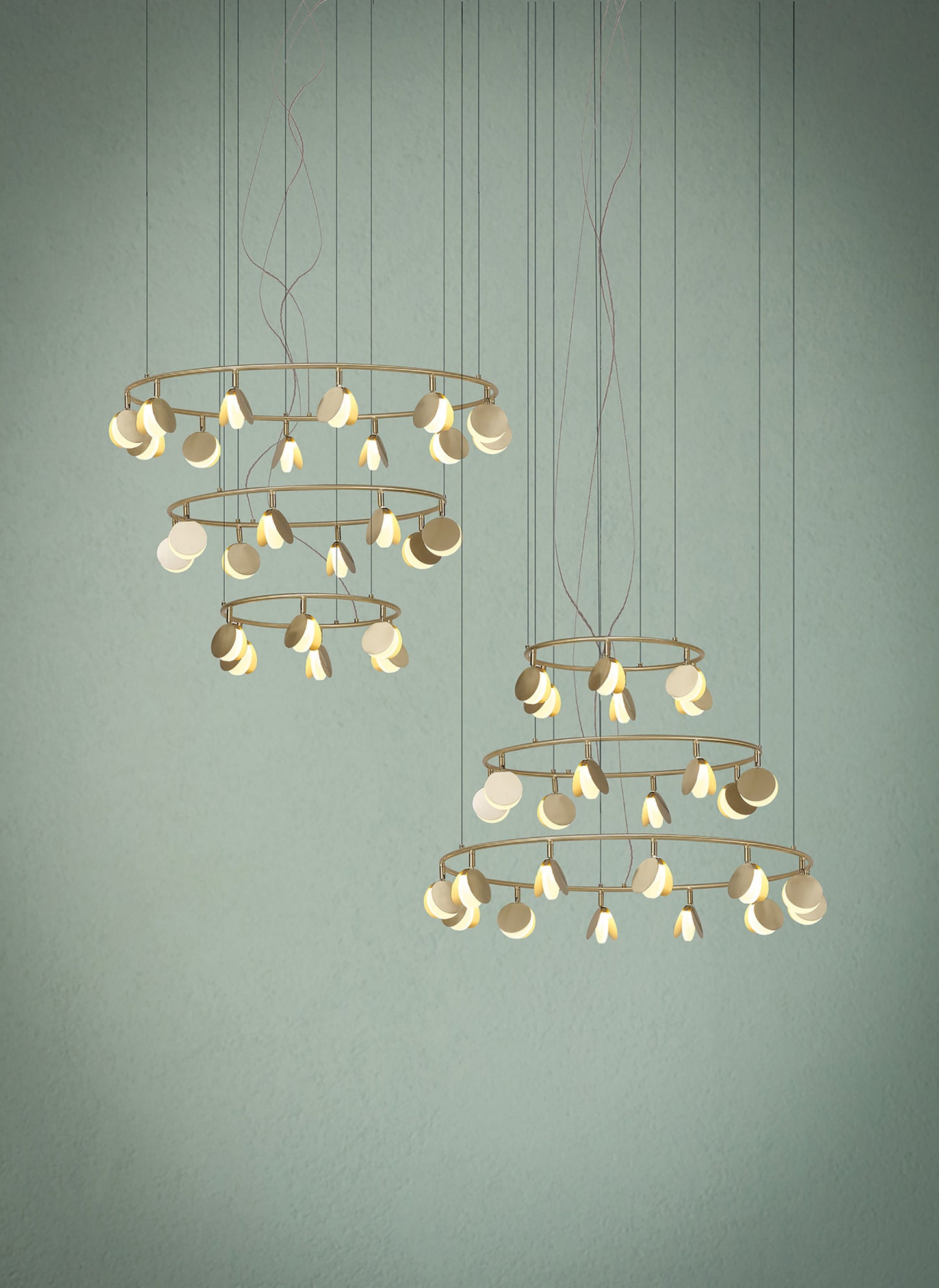 Shell 12+8+4 Light Pendant, Round, 120W LED, 3000K, 6360lm, Gold, 3yrs Warranty by Mantra