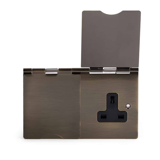 The Charterhouse Collection 13A 2Gang Floor Socket Blk Ins Antique Brass
