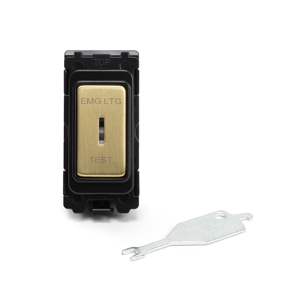 The Savoy Collection Brushed Brass 20AX 2 Way Single Pole 'EMG LTG TEST' RM-Grid Switch Module