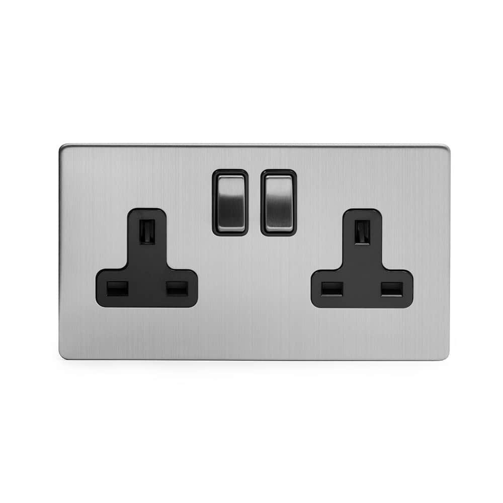 The Lombard Collection Brushed Chrome 2 Gang DP Socket Black Ins 13A Screwless