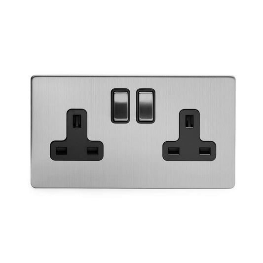 The Lombard Collection Brushed Chrome 2 Gang DP Socket Black Ins 13A Screwless