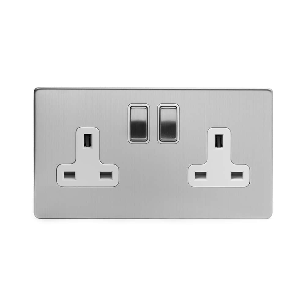 The Lombard Collection Brushed Chrome 2 Gang Double Pole Socket White Insert Screwless 13A