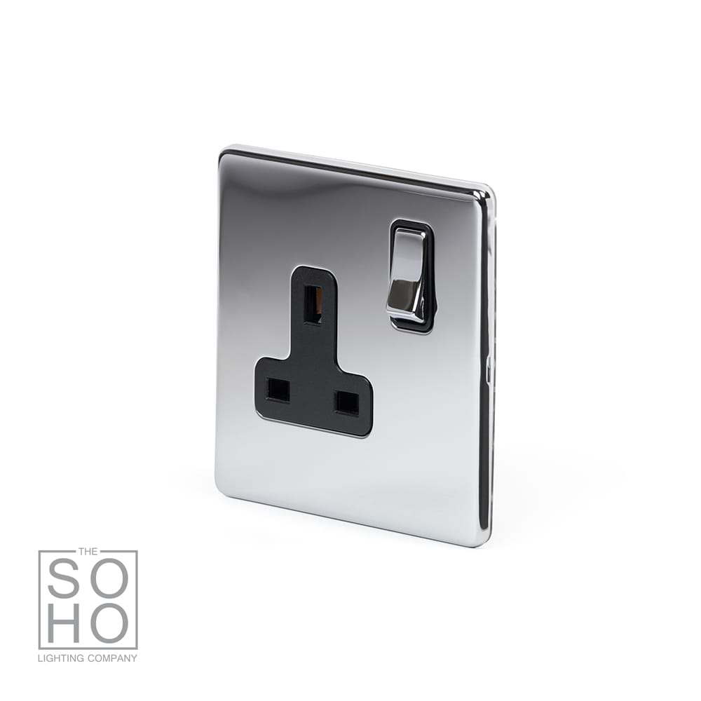 The Finsbury Collection Polished Chrome 1 Gang DP Socket Black Ins 13A Screwless
