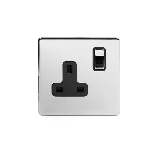 The Finsbury Collection Polished Chrome 1 Gang DP Socket Black Ins 13A Screwless