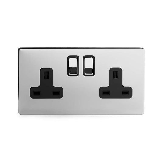 The Finsbury Collection Polished Chrome 2 Gang DP Socket Black Ins 13A Screwless