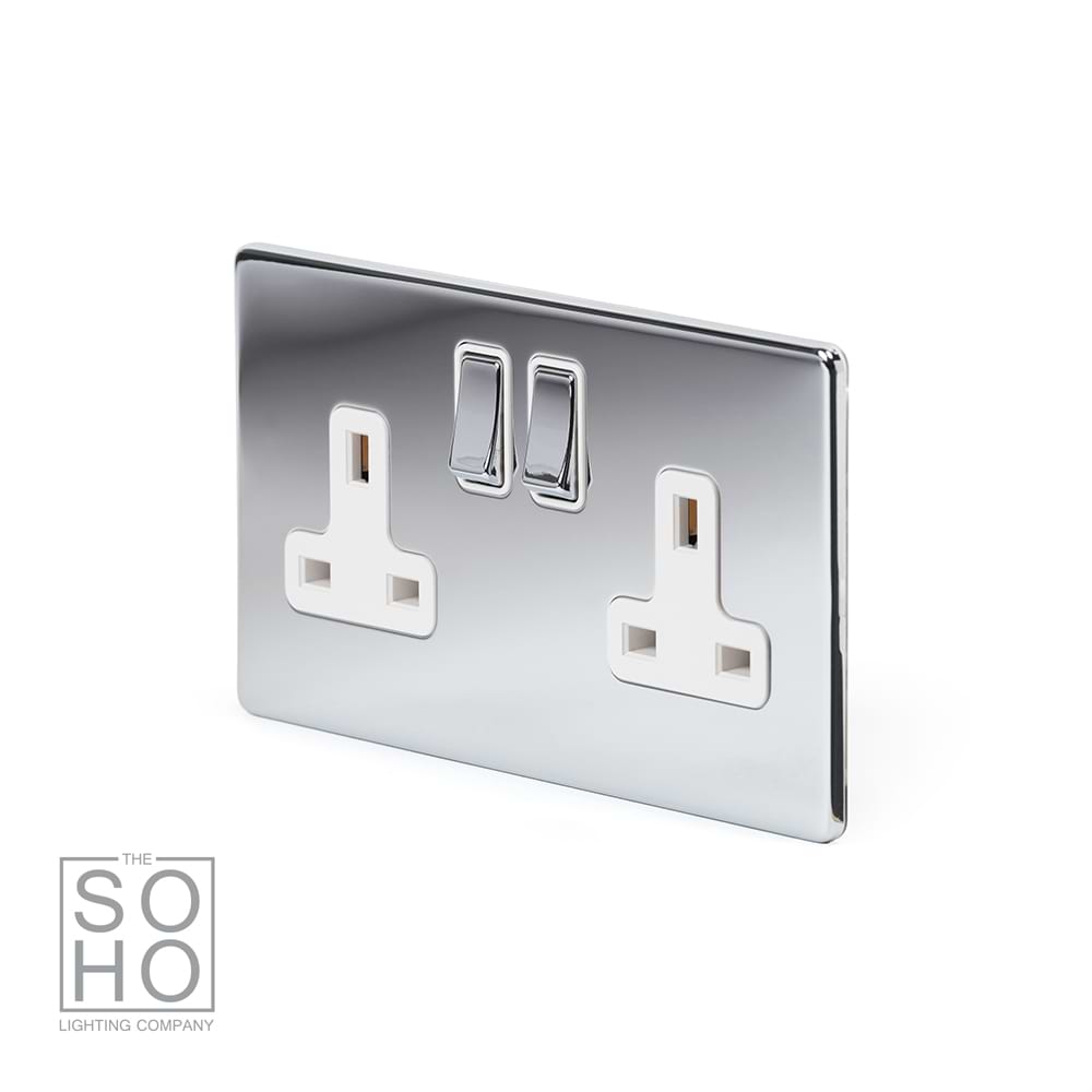 The Finsbury Collection Polished Chrome 2 Gang DP Socket White Ins 13A Screwless