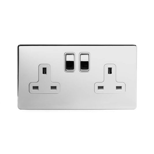 The Finsbury Collection Polished Chrome 2 Gang DP Socket White Ins 13A Screwless