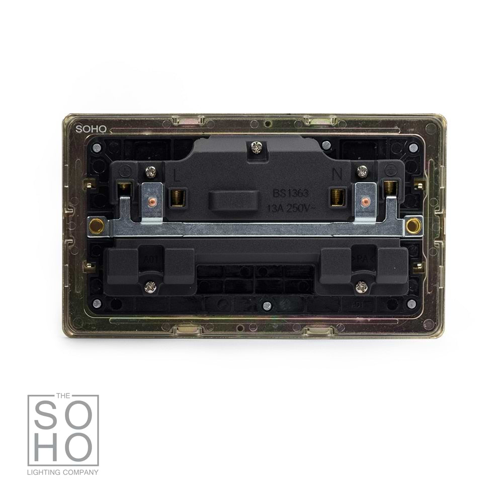 The Savoy Collection Brushed Brass 2 Gang Socket 13A Double Pole Black Inserts