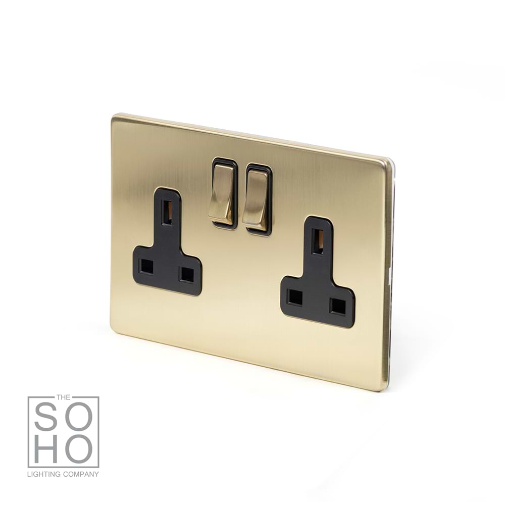 The Savoy Collection Brushed Brass 2 Gang Socket 13A Double Pole Black Inserts