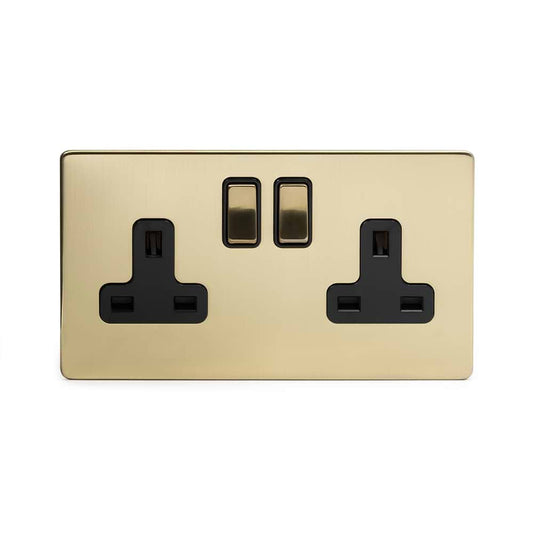 The Savoy Collection Brushed Brass 2 Gang Socket 13A Double Pole Black Inserts