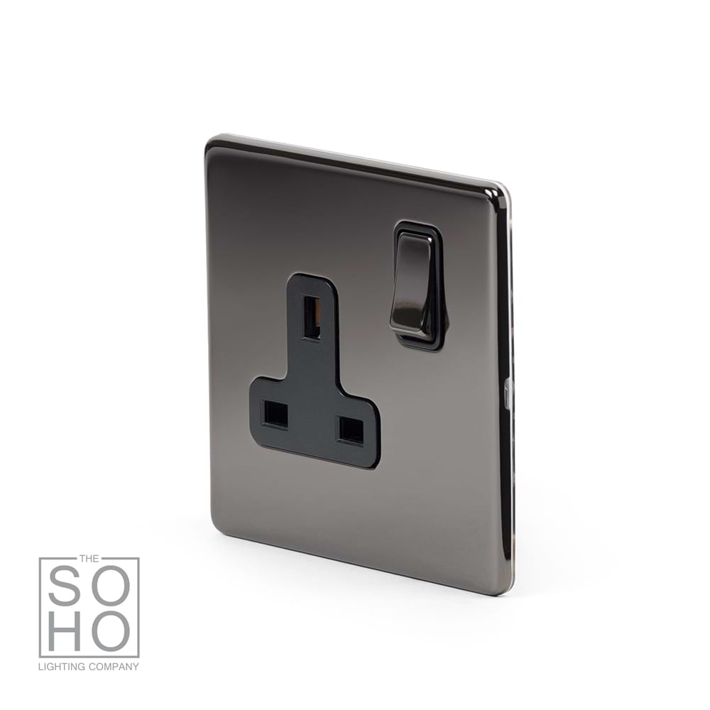 The Connaught Collection Black Nickel 1 Gang DP Socket Black Ins 13A Screwless
