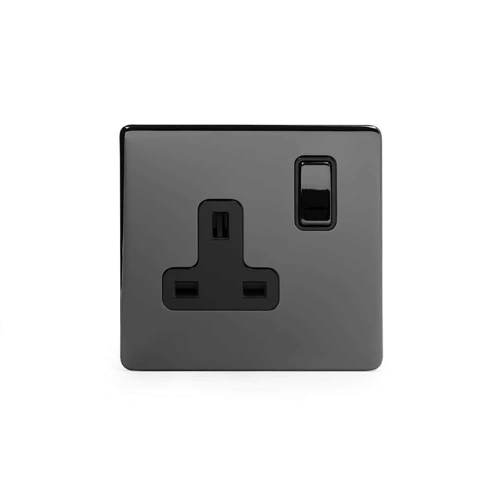 The Connaught Collection Black Nickel 1 Gang DP Socket Black Ins 13A Screwless