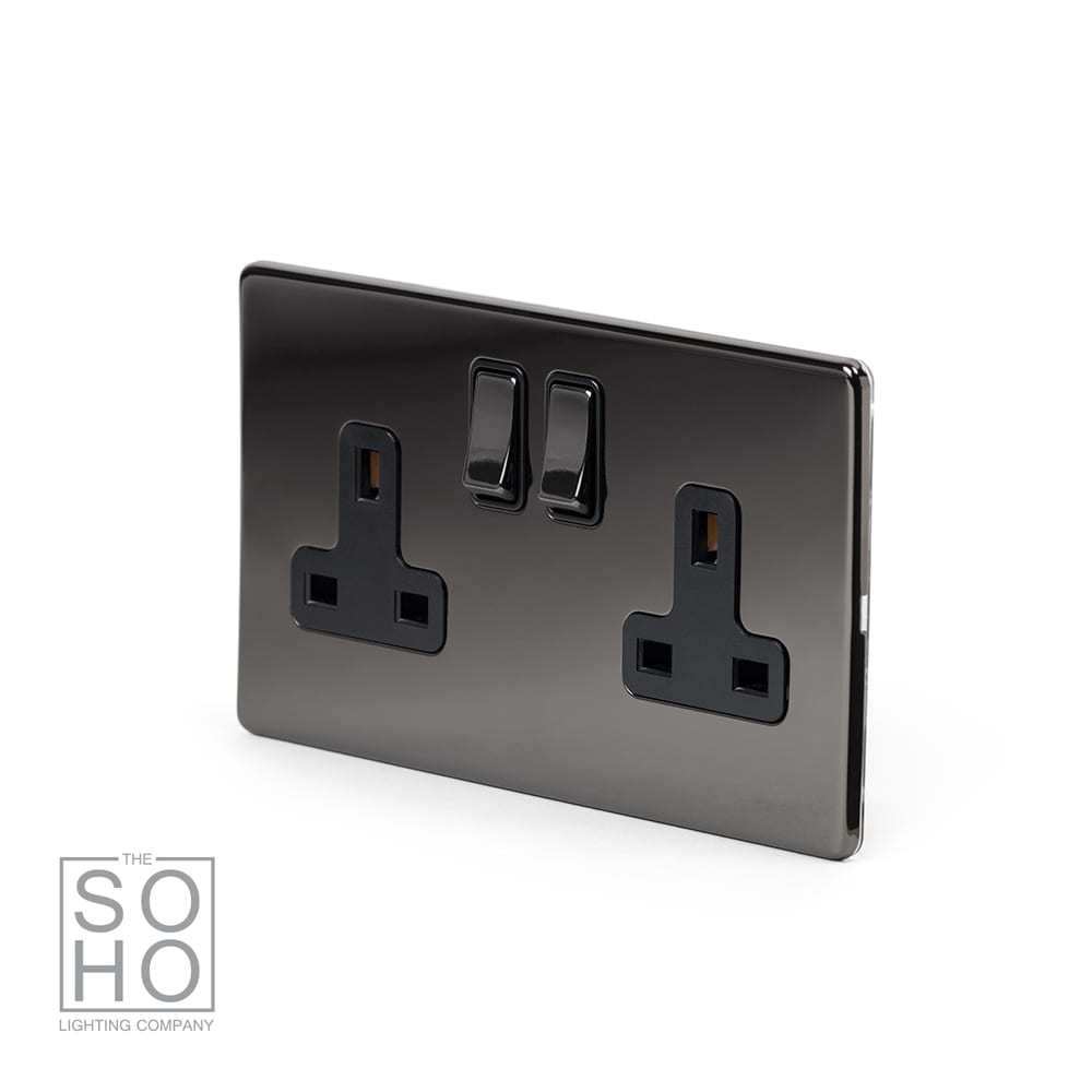 The Connaught Collection Black Nickel 2 Gang DP Socket Black Ins 13A Screwless
