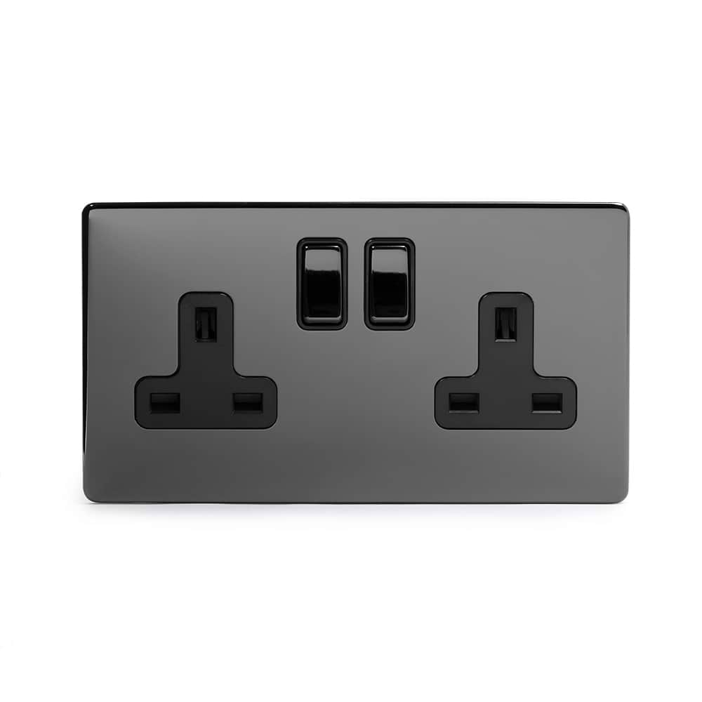 The Connaught Collection Black Nickel 2 Gang DP Socket Black Ins 13A Screwless