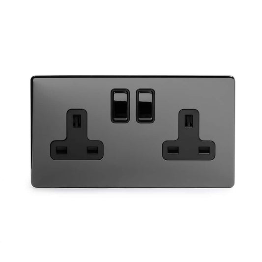 The Connaught Collection Black Nickel 2 Gang DP Socket Black Ins 13A Screwless