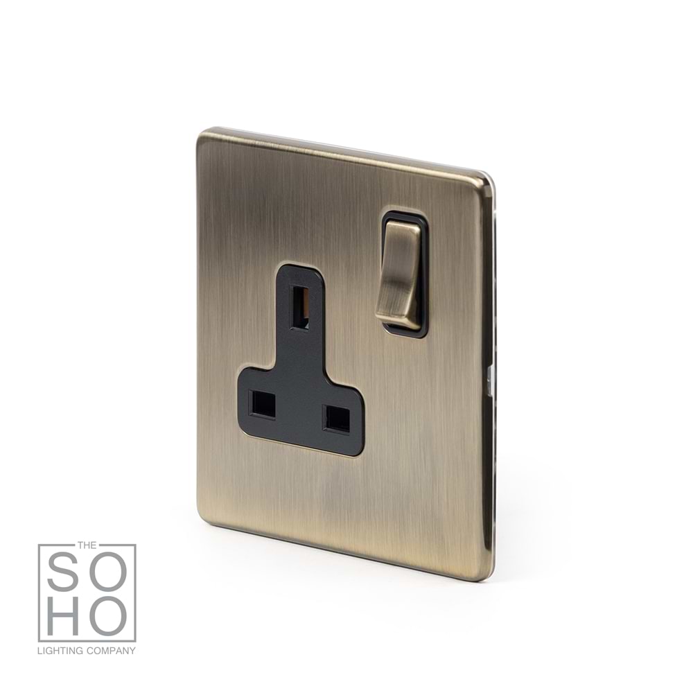The Charterhouse Collection 1 Gang Socket Black Insert 13A Double Pole Antique Brass
