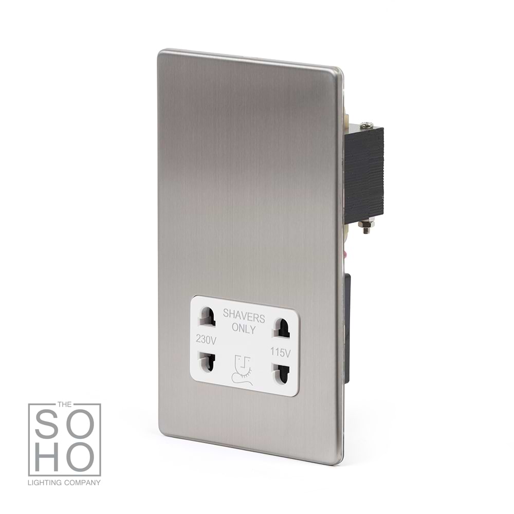 The Lombard Collection Brushed Chrome Shaver Socket Dual Voltage 115/230v Wht Ins Screwless