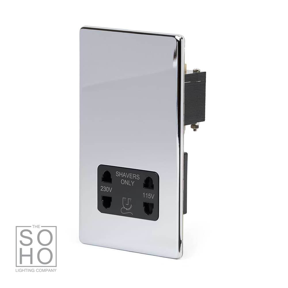 The Finsbury Collection Polished Chrome Shaver Socket Dual Voltage 115/230v Blk Ins Screwless