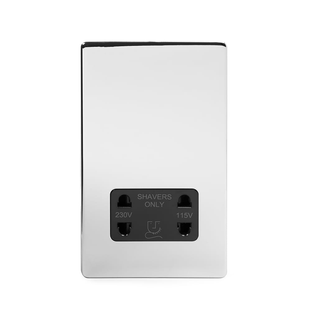 The Finsbury Collection Polished Chrome Shaver Socket Dual Voltage 115/230v Blk Ins Screwless