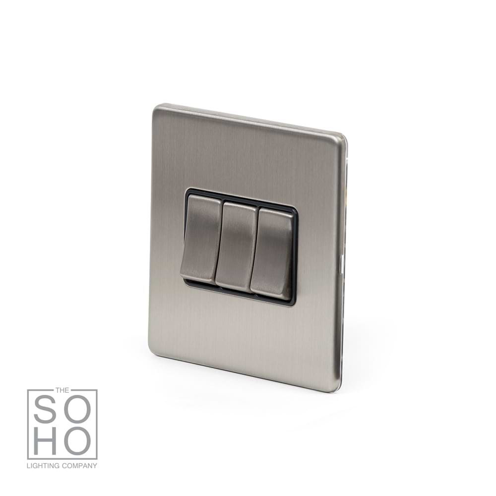 The Lombard Collection Brushed Chrome 3 Gang 2 Way 10A Light Switch Blk Ins Screwless