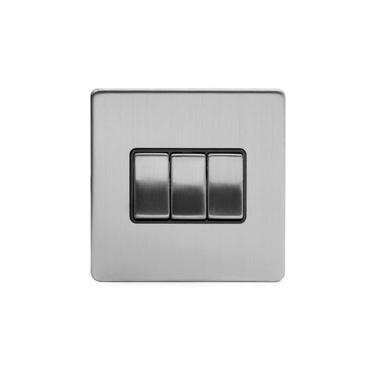 The Lombard Collection Brushed Chrome 3 Gang 2 Way 10A Light Switch Blk Ins Screwless