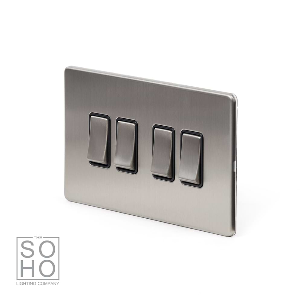 The Lombard Collection Brushed Chrome 4 Gang 2 Way 10A Light Switch Blk Ins Screwless