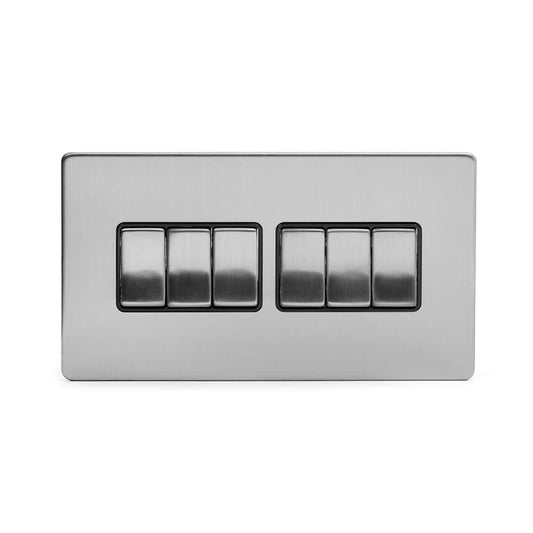 The Lombard Collection Brushed Chrome 6 Gang 2 Way 10A Light Switch Blk Ins Screwless