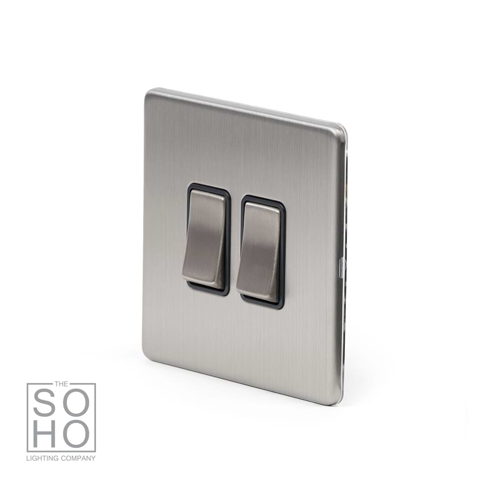The Lombard Collection Brushed Chrome 2 Gang Intermediate Switch Black Ins 10A Screwless