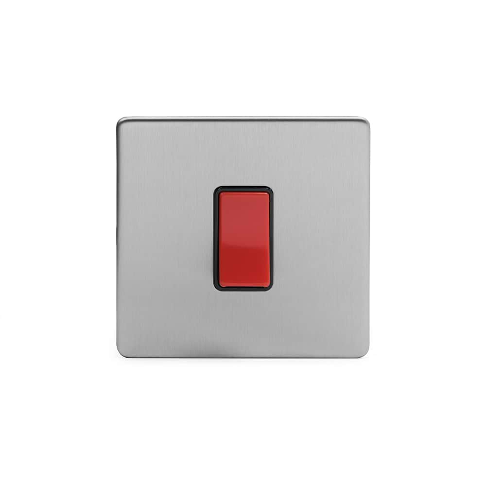 The Lombard Collection Brushed Chrome 45A 1 Gang Double Pole Switch Single Plate Blk Ins Screwless