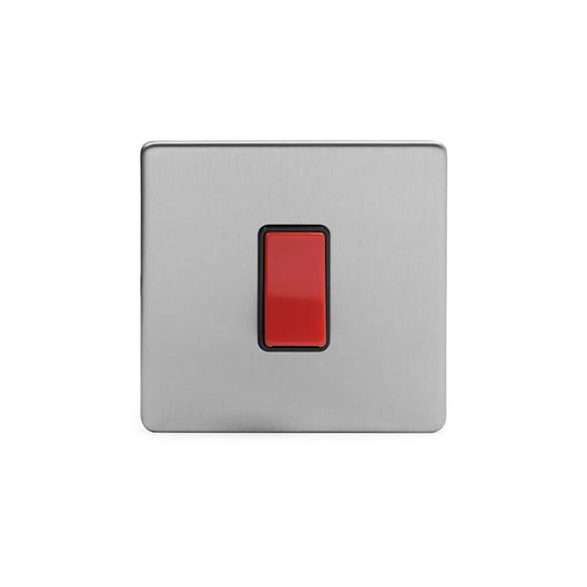 The Lombard Collection Brushed Chrome 45A 1 Gang Double Pole Switch Single Plate Blk Ins Screwless