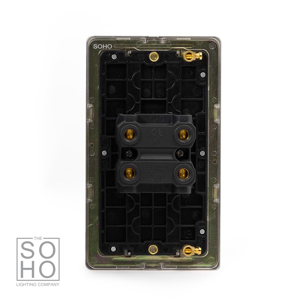 The Lombard Collection Brushed Chrome 45A 1 Gang Double Pole Switch Double Plate Blk Ins Screwless