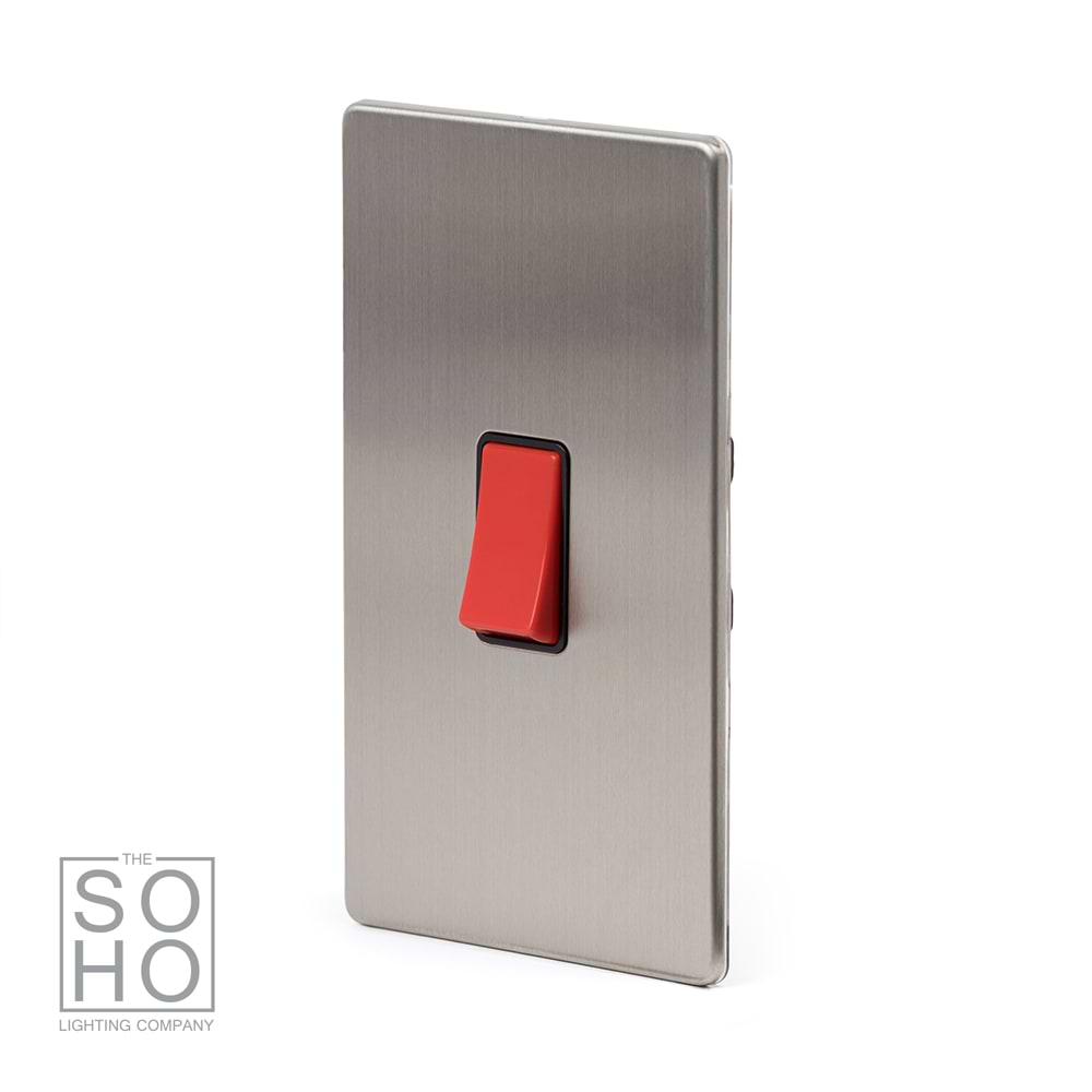 The Lombard Collection Brushed Chrome 45A 1 Gang Double Pole Switch Double Plate Blk Ins Screwless