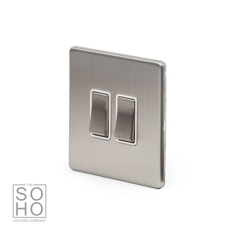 The Lombard Collection Brushed Chrome 2 Gang 2 Way 10A Light Switch Wht Ins Screwless