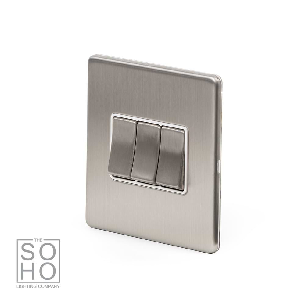 The Lombard Collection Brushed Chrome 3 Gang 2 Way 10A Light Switch Wht Ins Screwless