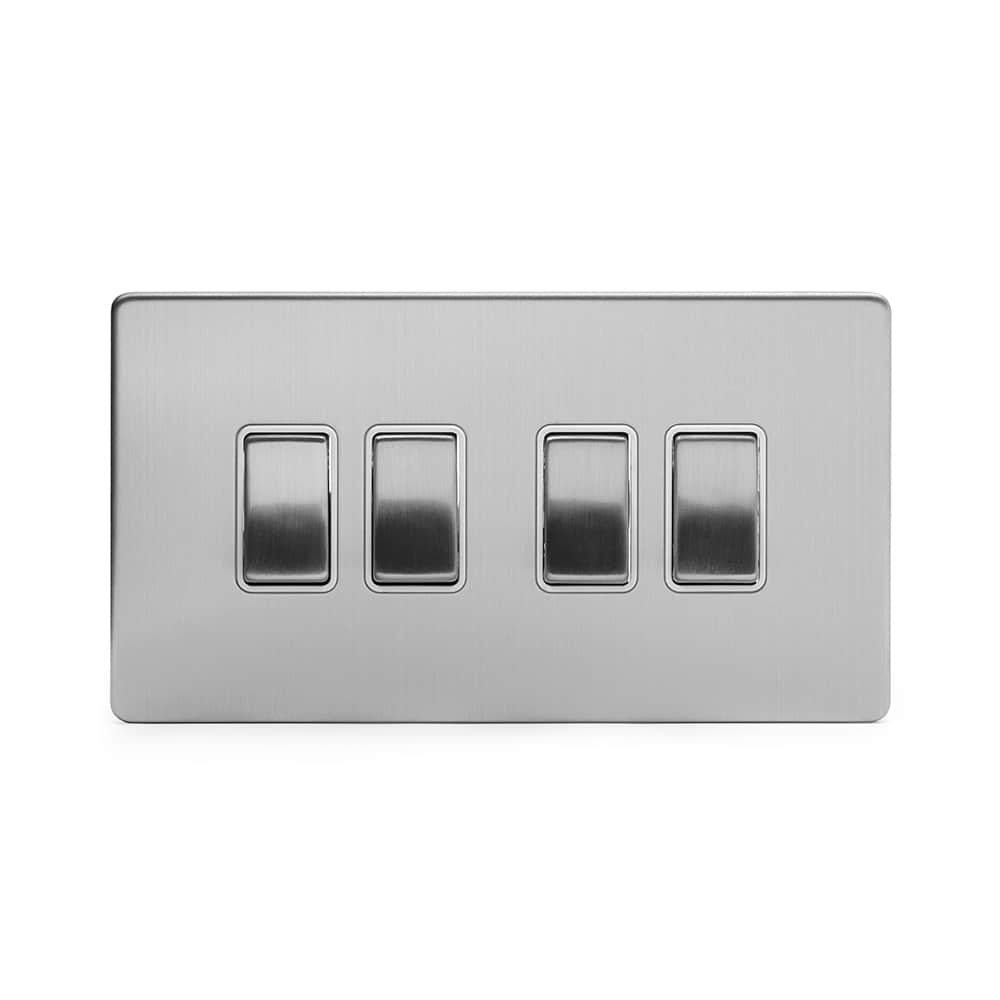 The Lombard Collection Brushed Chrome 4 Gang 2 Way 10A Light Switch Wht Ins Screwless